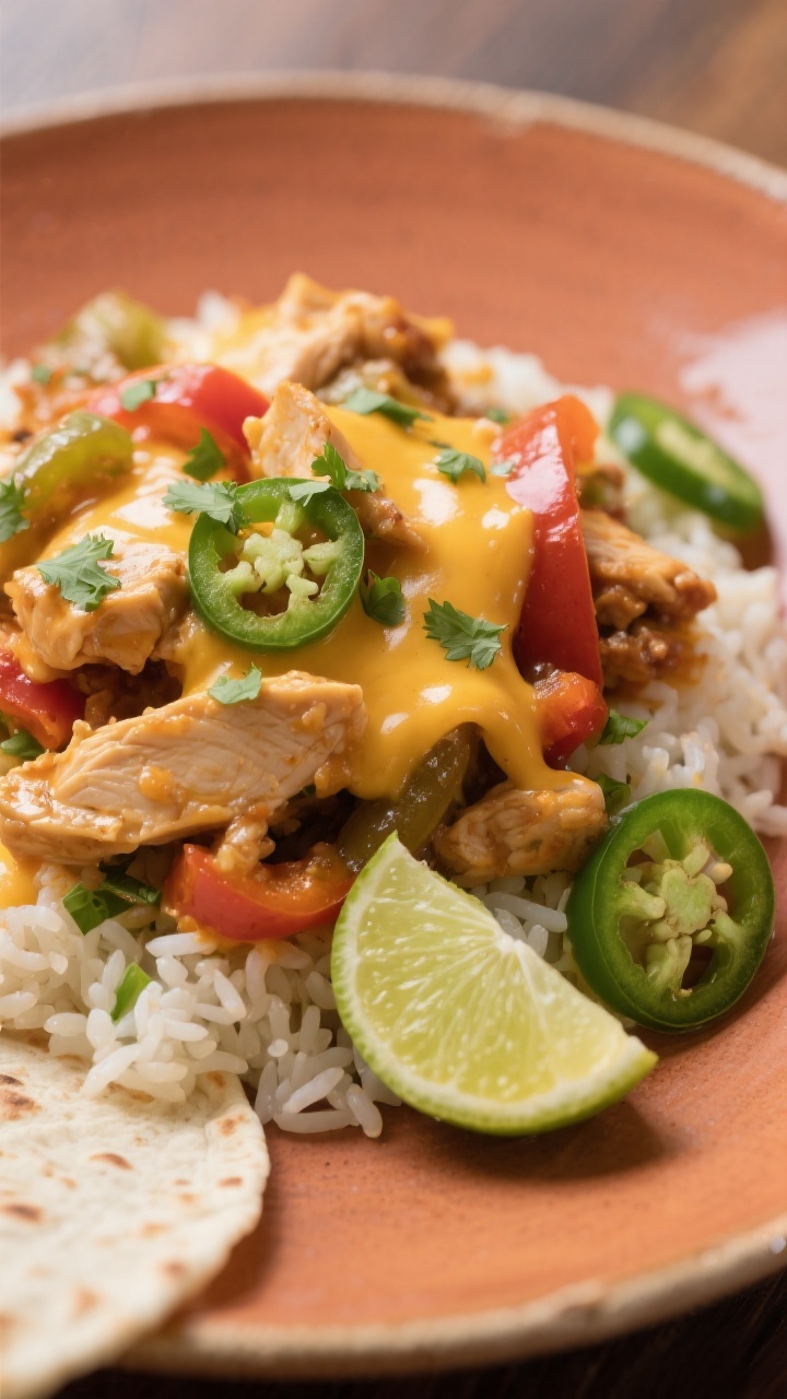 Final plated dish, close-up detail: A generous scoop of Chicken Fajita Casserole served over cilantr