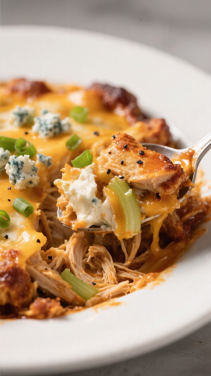 Final plated dish detail: Close-up of a generous spooned portion of Buffalo Chicken Casserole on a m