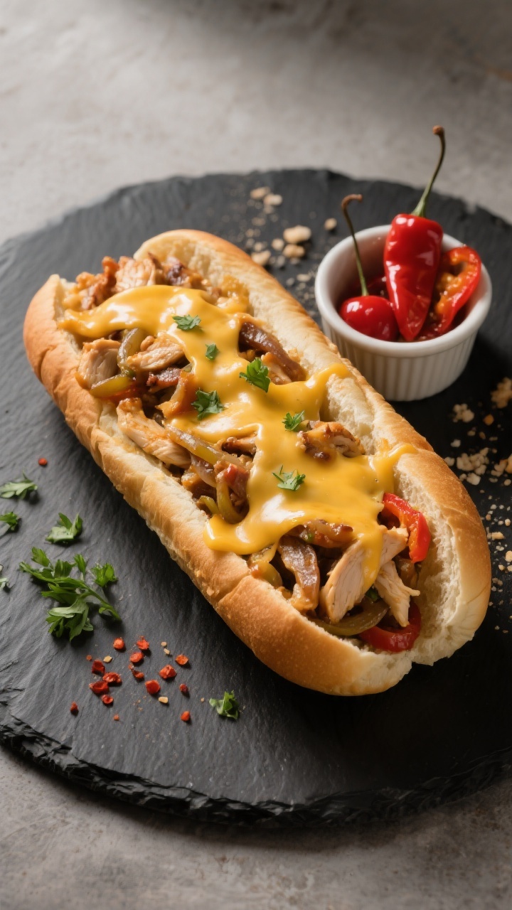 Final plated dish, overhead: A generous scoop of Chicken Philly Cheesesteak Casserole nestled into a