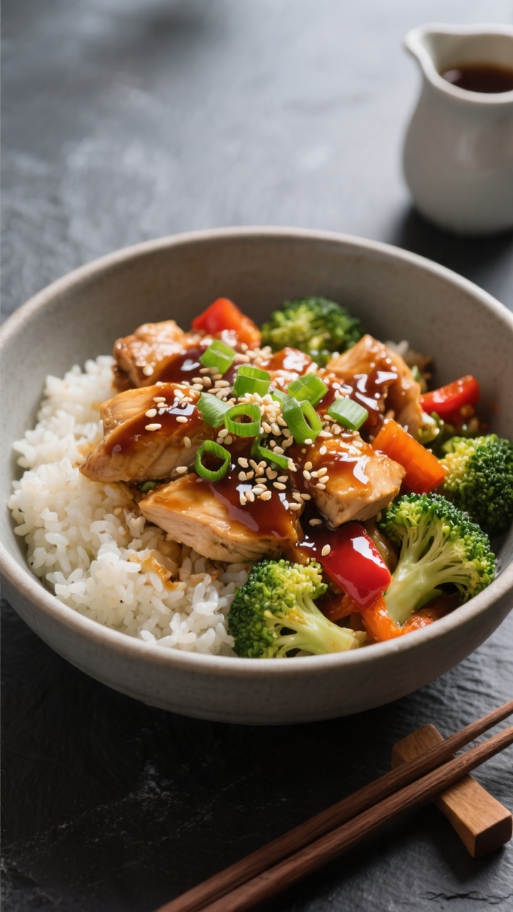 Final plated dish: Restaurant-quality bowl of Chicken Teriyaki Rice Casserole served family-style. A