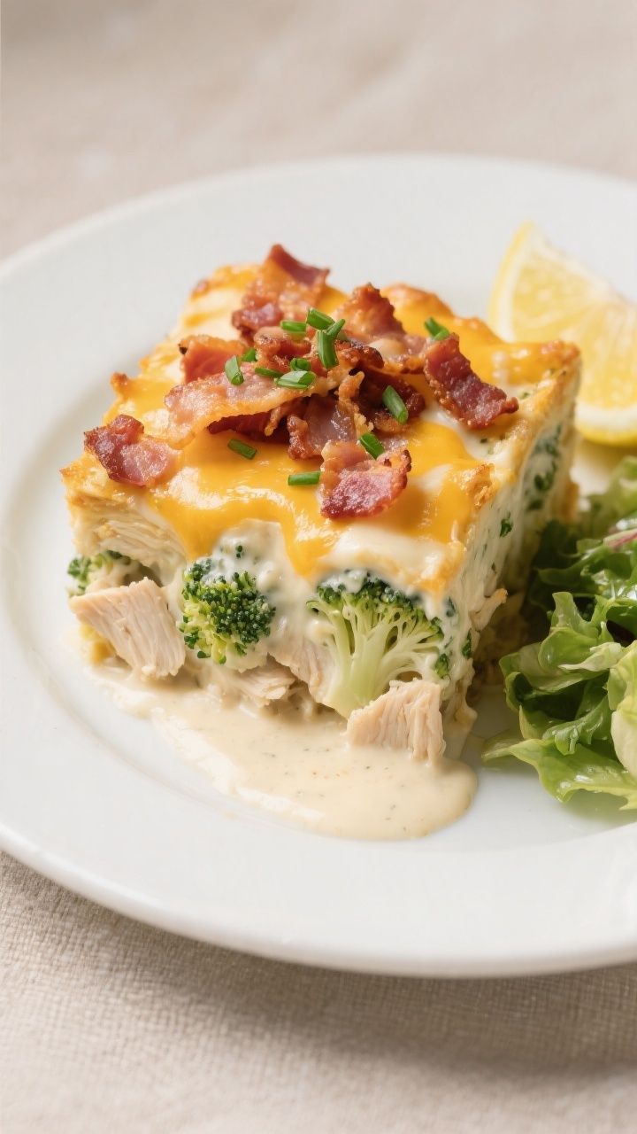 Final plated dish: Restaurant-quality presentation of a generous square of Chicken Bacon Ranch Casse