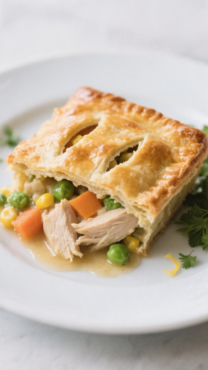 Final plated dish: Restaurant-quality presentation of a square of chicken pot pie casserole with pie