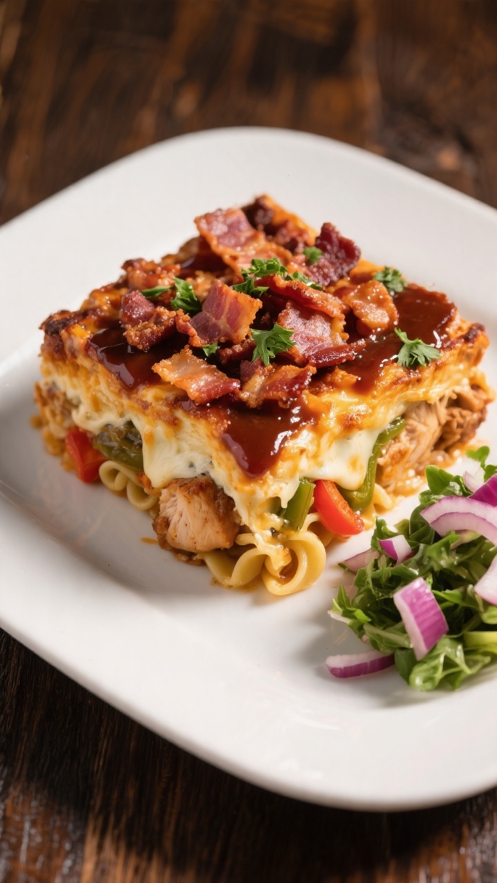 Final plated dish: Restaurant-quality presentation of a hearty square of BBQ chicken bacon casserole