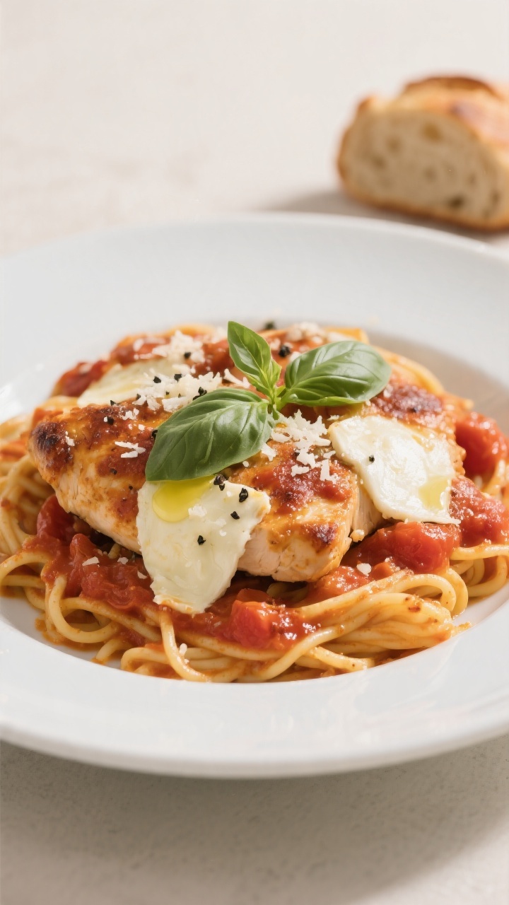 Final plated dish: Restaurant-quality presentation of a generous serving of Chicken Mozzarella Tomat