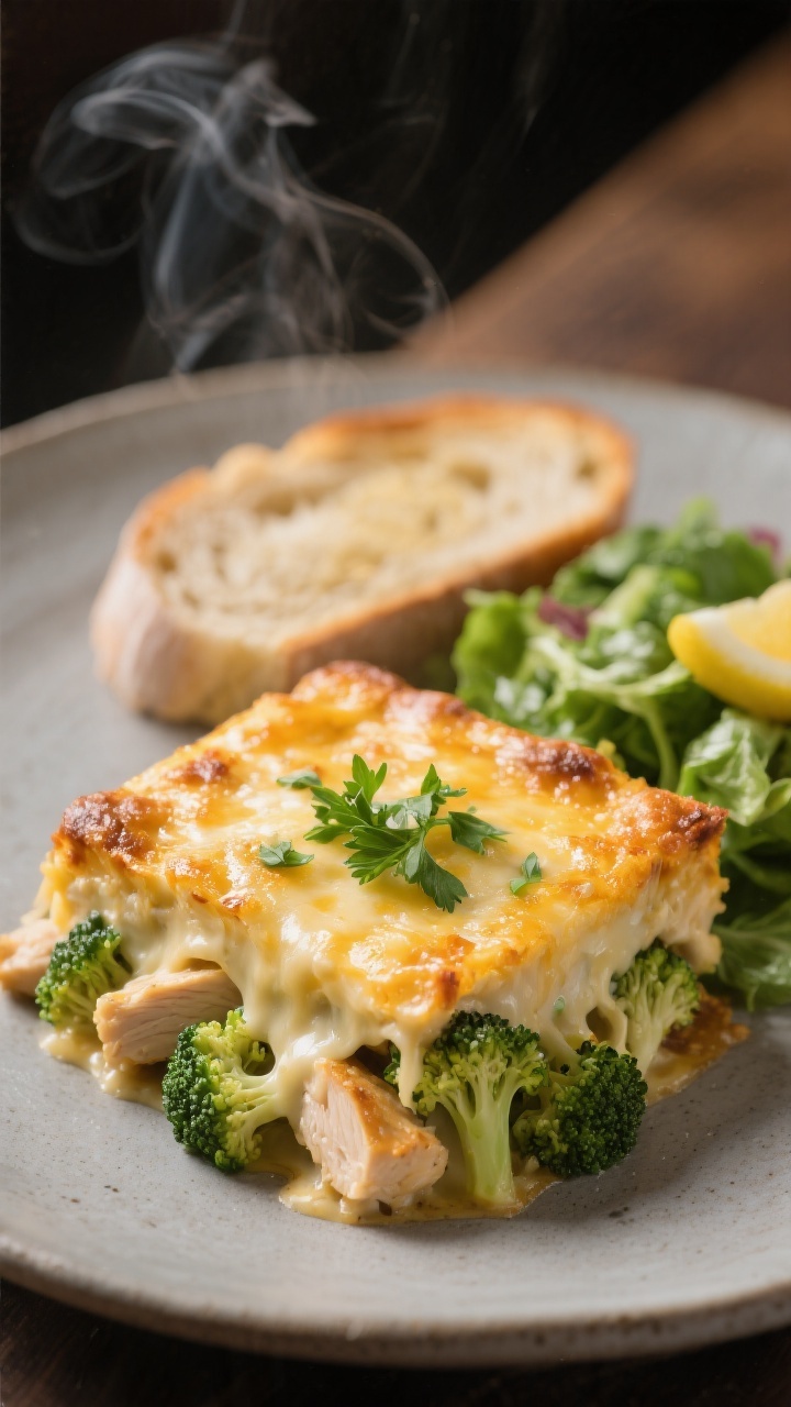 Final plated dish: Restaurant-quality presentation of a generous square of Cheesy Chicken Broccoli B