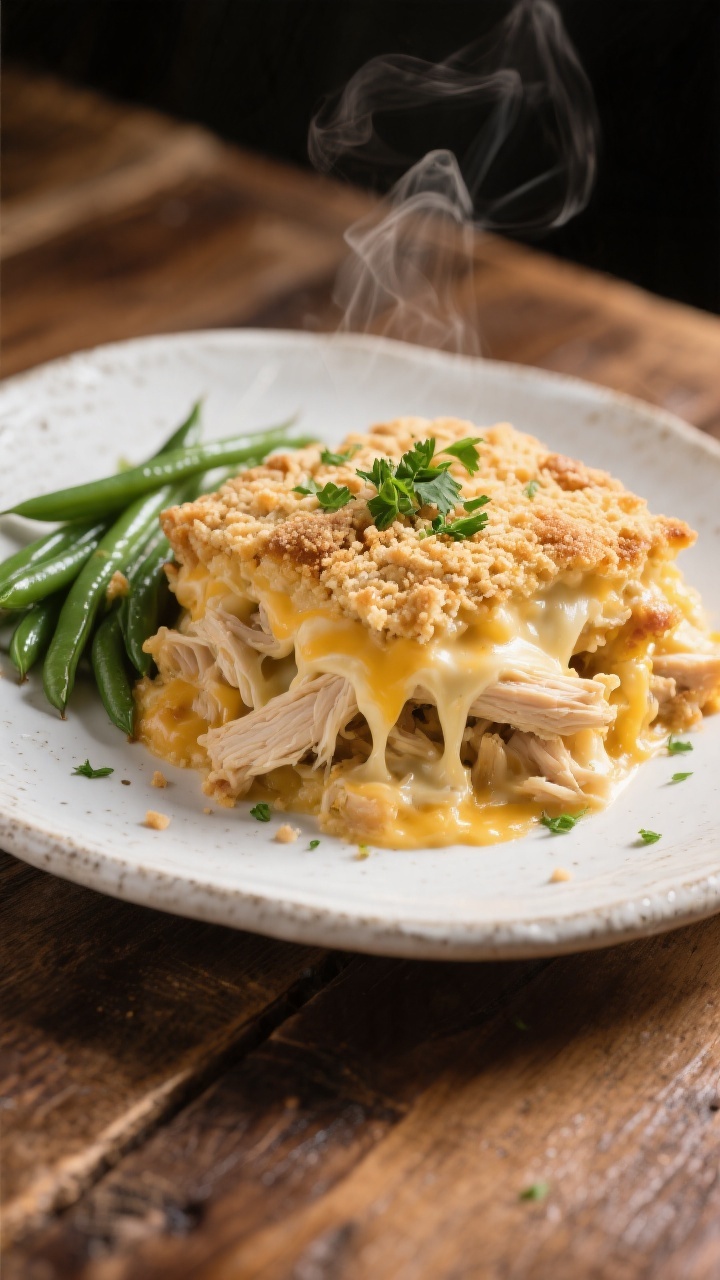 Final plated dish: Restaurant-quality serving of Million Dollar Chicken Casserole scooped onto a whi