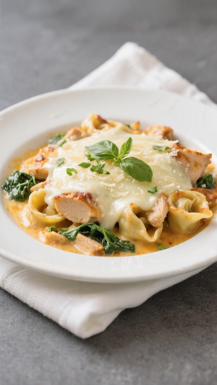 Final plated dish: Restaurant-quality single serving of Cheesy Chicken Tortellini Casserole on a whi