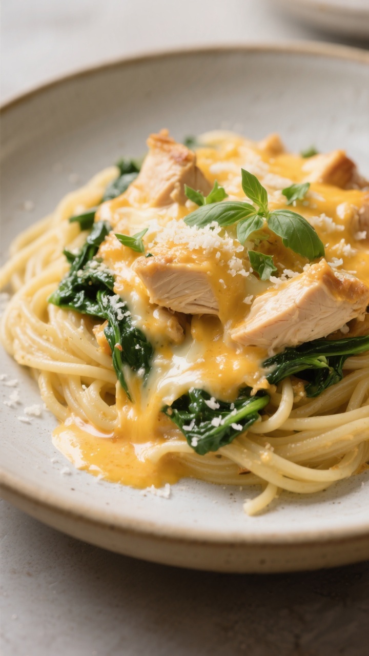 Final plated presentation: A generous scoop of Cheesy Chicken Spinach Casserole served over buttered