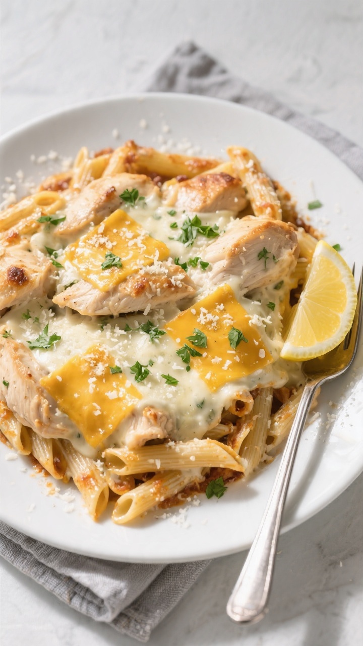 Final plated, top view: Overhead shot of a generous serving of Garlic Parmesan Chicken Casserole on 