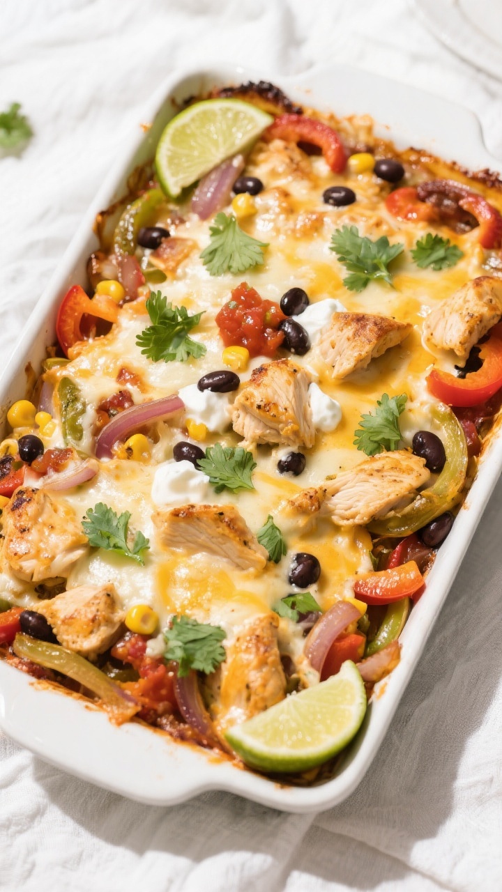 Overhead tasty top view, just out of the oven: Chicken Fajita Casserole in a 9x13 baking dish, chees