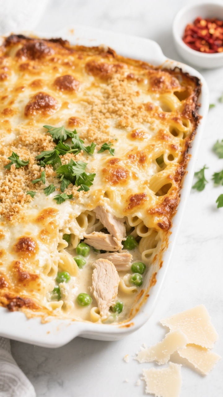 Tasty top-view casserole: Overhead shot of the baked Creamy Chicken Pasta Casserole in a 9x13 white 
