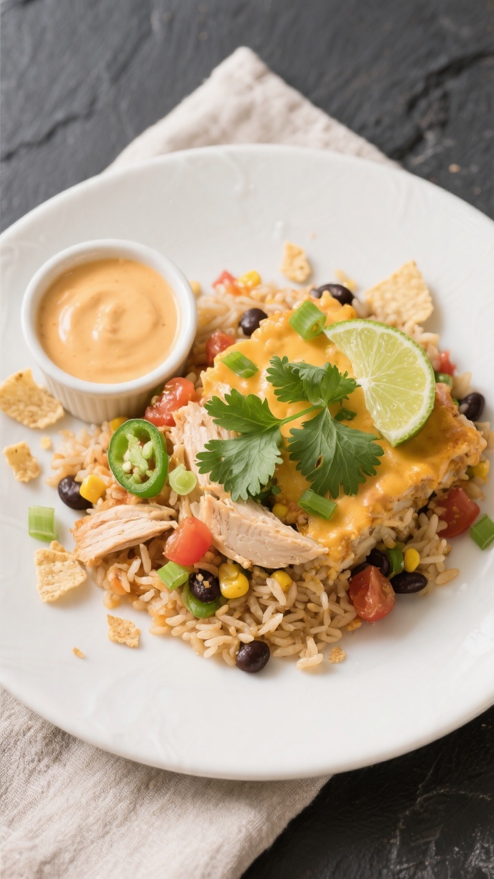 Tasty top view final plate: Overhead shot of a neatly plated serving of Chicken Queso Rice Casserole