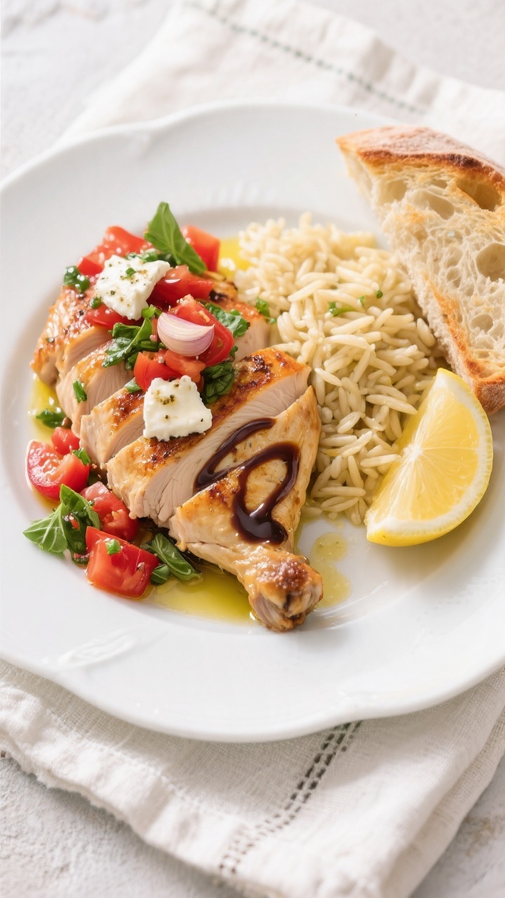 Tasty top view final presentation: Overhead shot of a plated serving—sliced baked chicken topped w