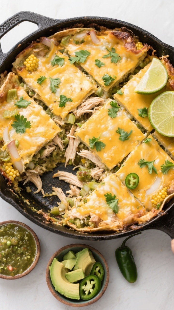 Tasty top view of sliced serving: Overhead shot of neatly sliced squares of Chicken Salsa Verde Cass