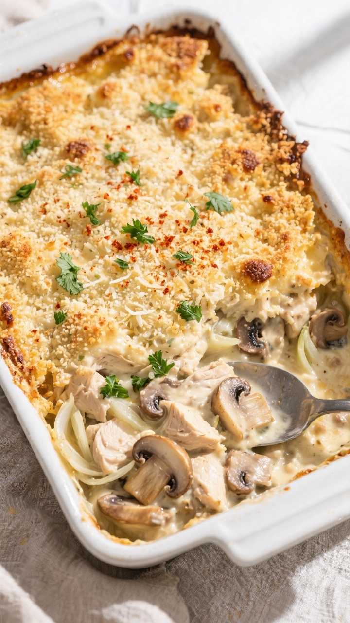 Tasty top view: Overhead shot of the assembled Creamy Chicken Mushroom Casserole just out of the ove