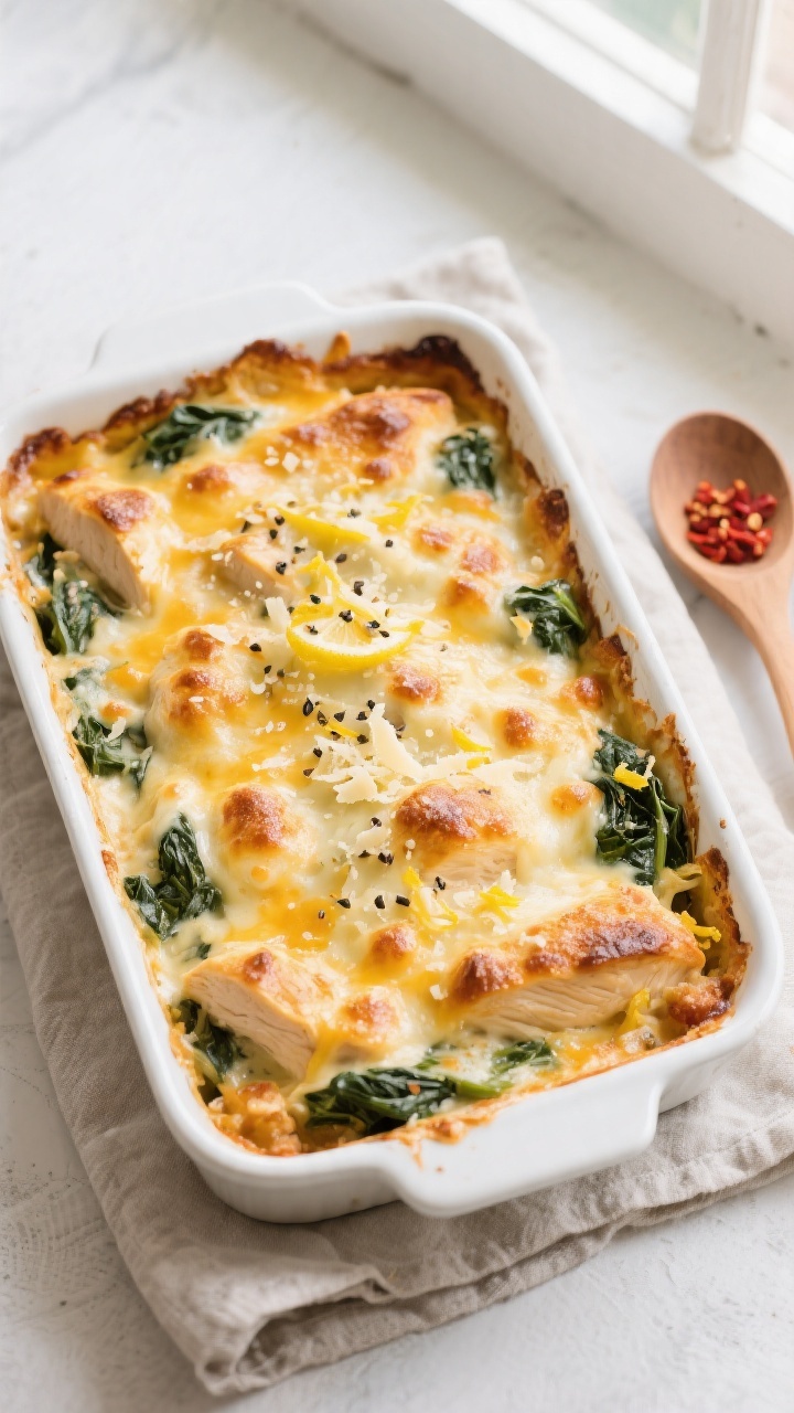 Tasty top view: Overhead shot of the baked Cheesy Chicken Spinach Casserole in a 9x13 white baking d