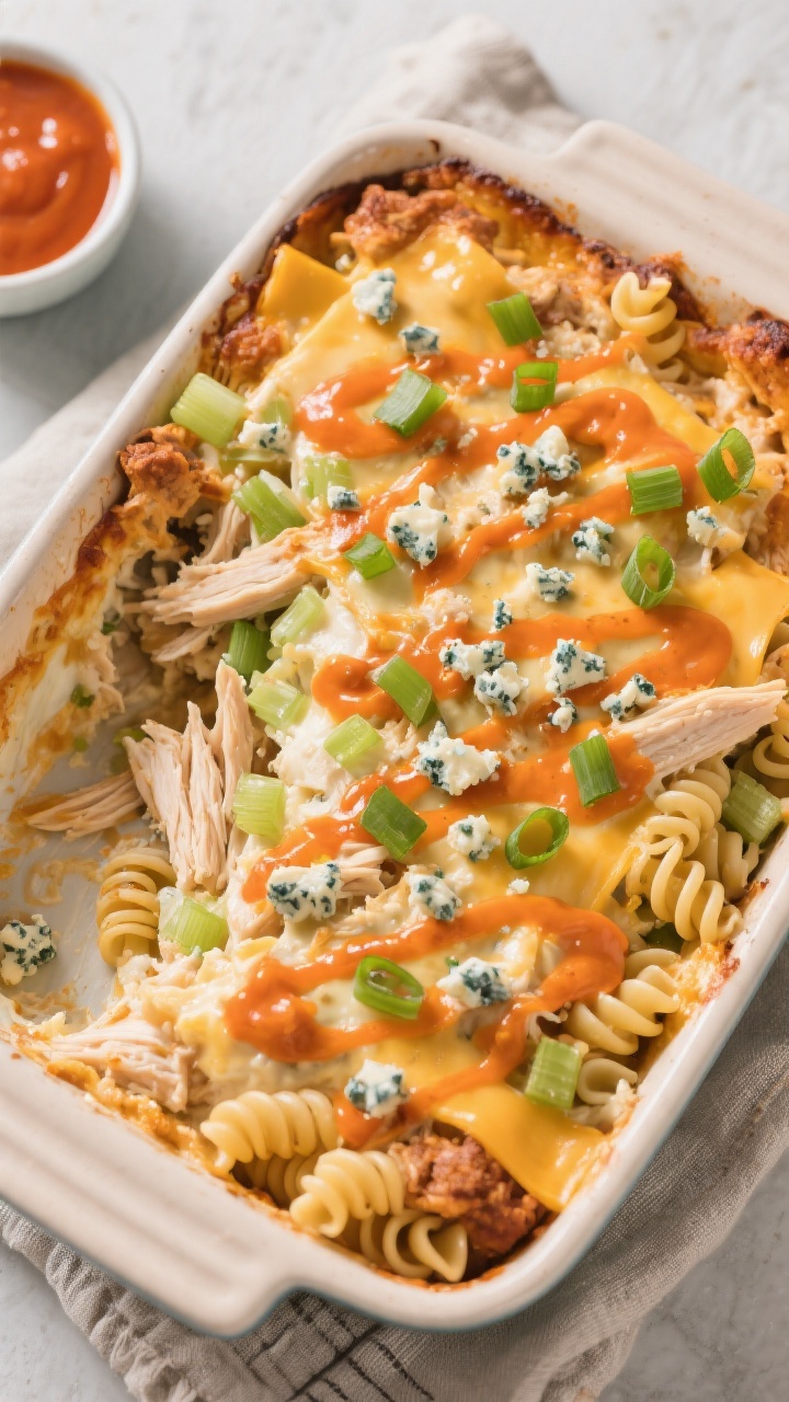 Tasty top view: Overhead shot of the finished Buffalo Chicken Casserole after a 5–10 minute rest, 