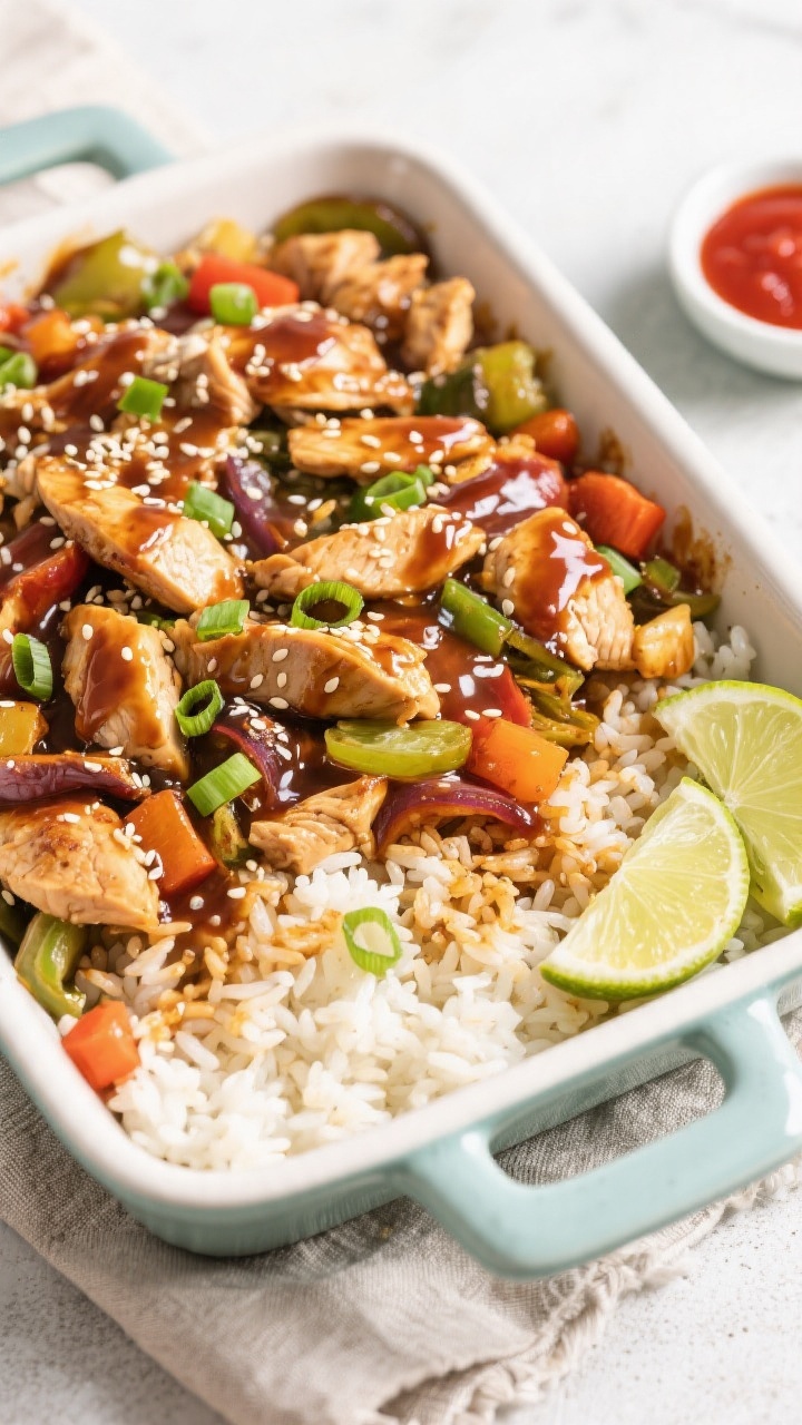 Tasty top view: Overhead shot of the finished Chicken Teriyaki Rice Casserole in the baking dish, ar