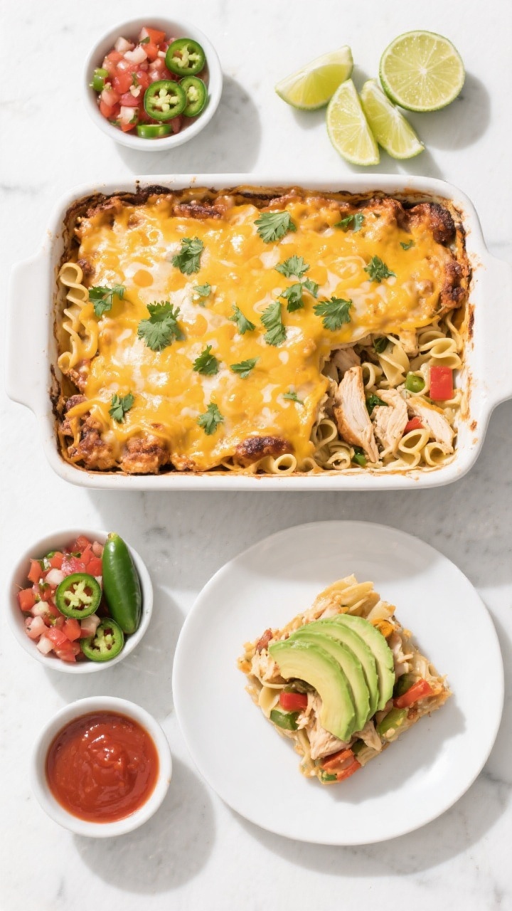 Tasty top view: Overhead shot of the finished Chicken Southwest Casserole in a 9x13 baking dish, eve