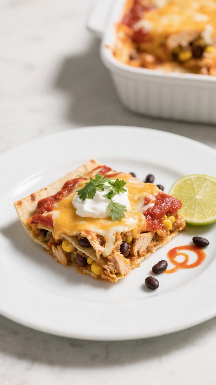 Tasty top-view plated serving: Overhead shot of a clean square slice of chicken enchilada casserole 
