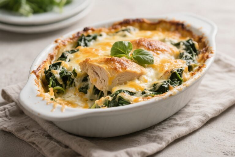Cheesy Chicken Spinach Casserole – Comforting, Creamy, And Weeknight-Friendly
