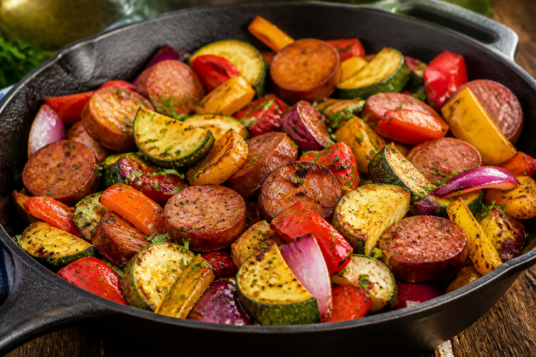 BBQ Sausage & Roasted Veggie Skillet – A Fast, Flavor-Packed Weeknight Dinner