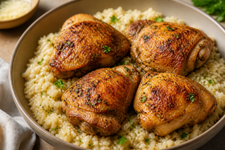 Chicken Thighs with Garlic Parmesan Rice – Cozy, Flavor-Packed Comfort Food