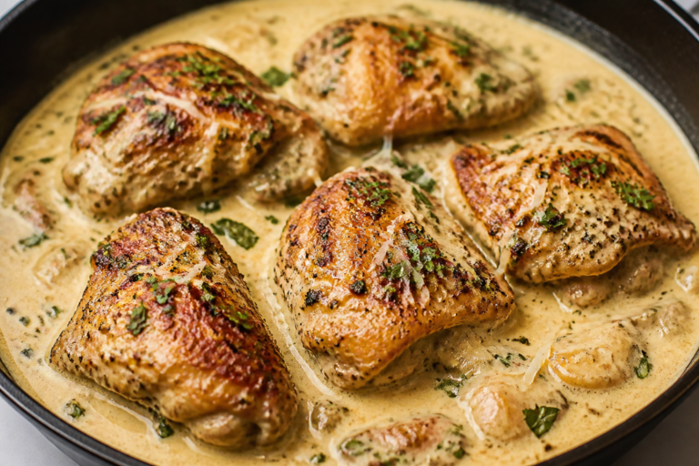 Chicken Thighs in Creamy Parmesan Garlic Sauce – Comforting, Flavor-Packed Dinner
