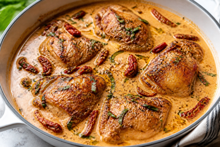 Chicken Thighs With Creamy Sun-Dried Tomato Sauce – Comforting, Flavor-Packed, and Weeknight-Friendly