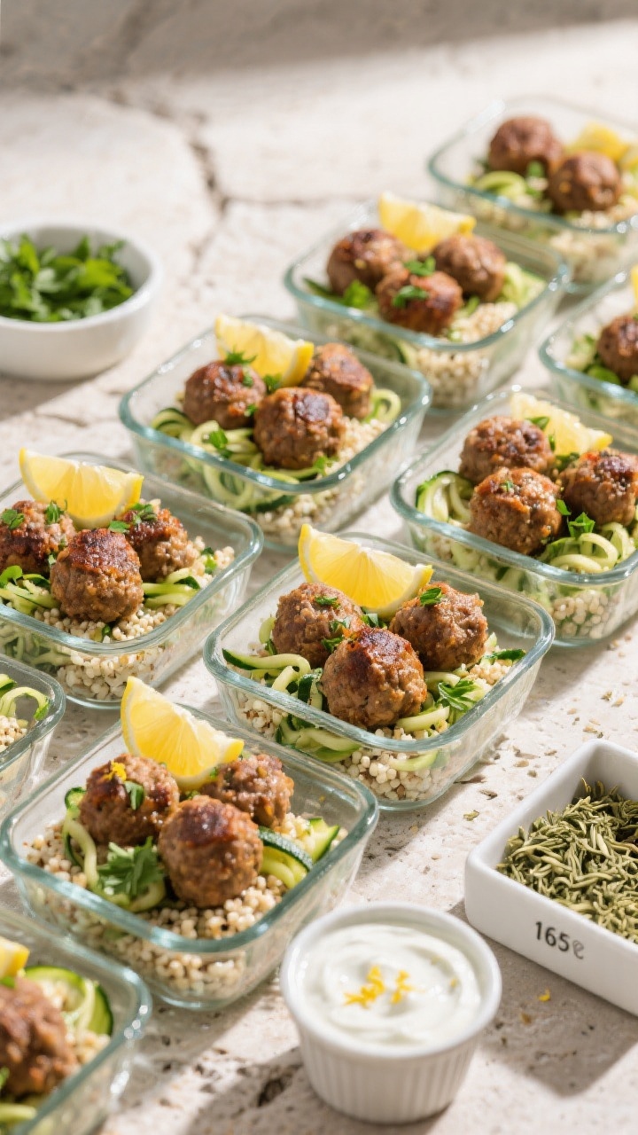 25 inch turkey meatballs (cooked to 165°F) arranged in shallow glass containers over quinoa and zuc