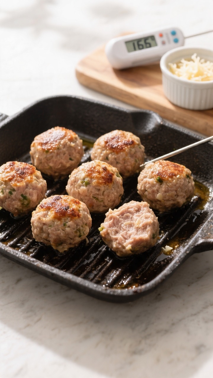 5-inch turkey meatballs mid-cook at 380°F, lightly oil-spritzed tops, visible even browning with on