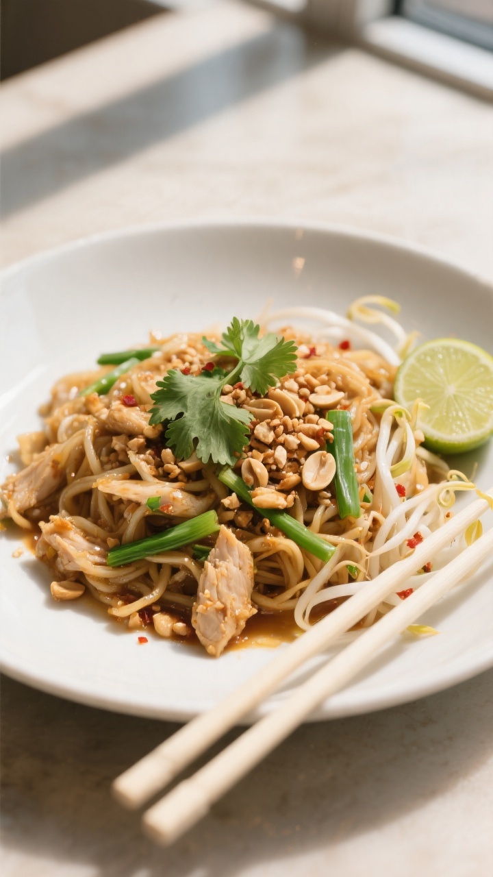 Beautifully plated final Chicken Pad Thai on a matte white shallow bowl: tangle of saucy noodles top