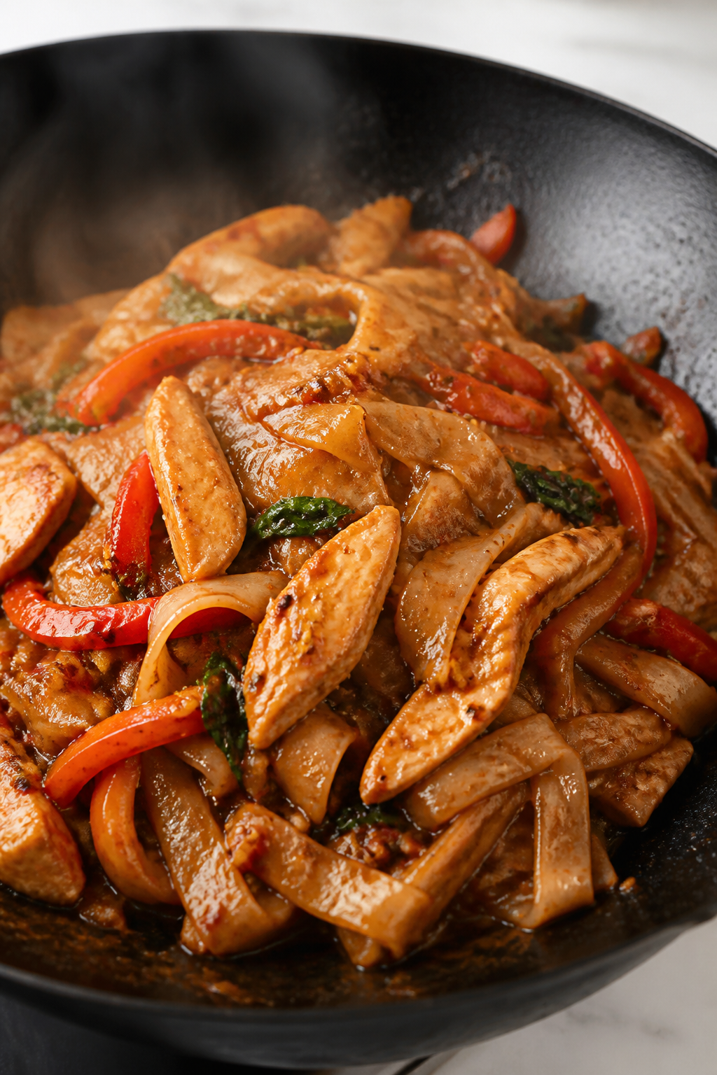 Close-up action shot of Thai drunken noodles in a carbon-steel wok over high heat: glossy wide rice