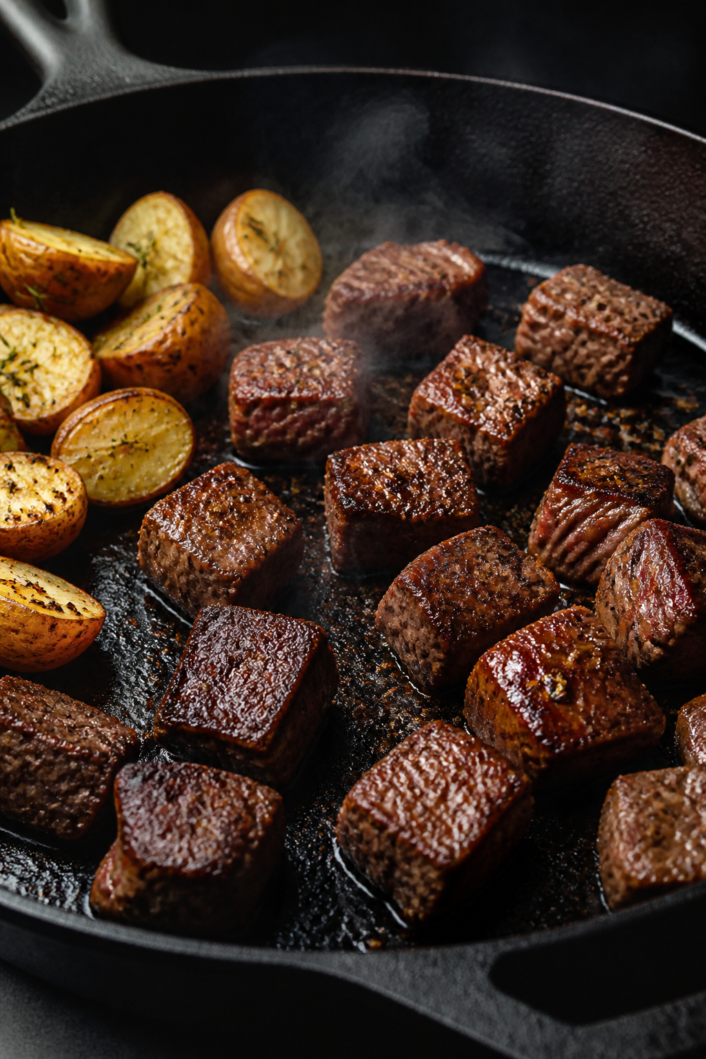 Close-up action shot: Searing steak bites in a black cast-iron skillet over medium-high heat, deep b