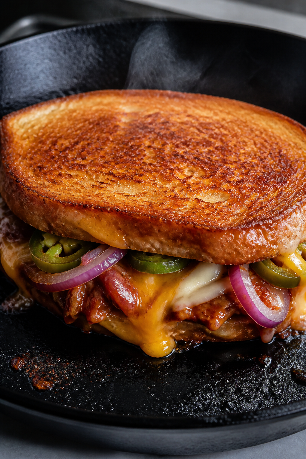 Close-up detail: A BBQ chicken grilled cheese mid-cook in a cast-iron skillet, bread’s exterior gl