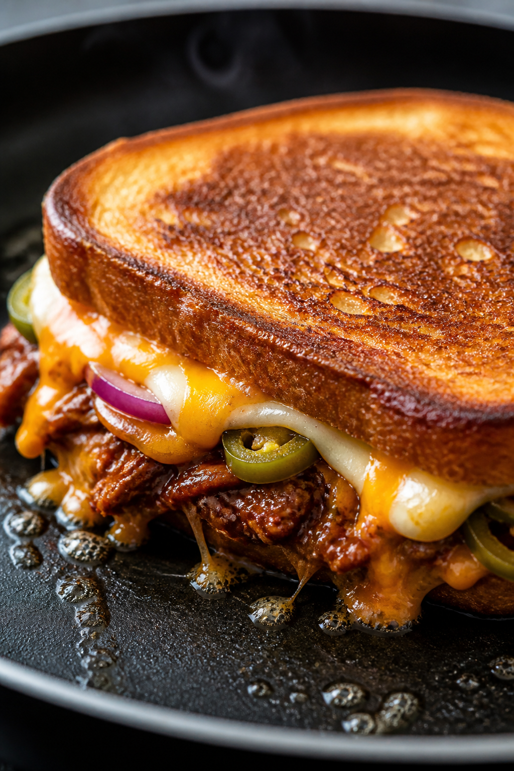 Close-up detail: A BBQ pulled pork grilled cheese mid-cook in a nonstick skillet, buttered sourdough
