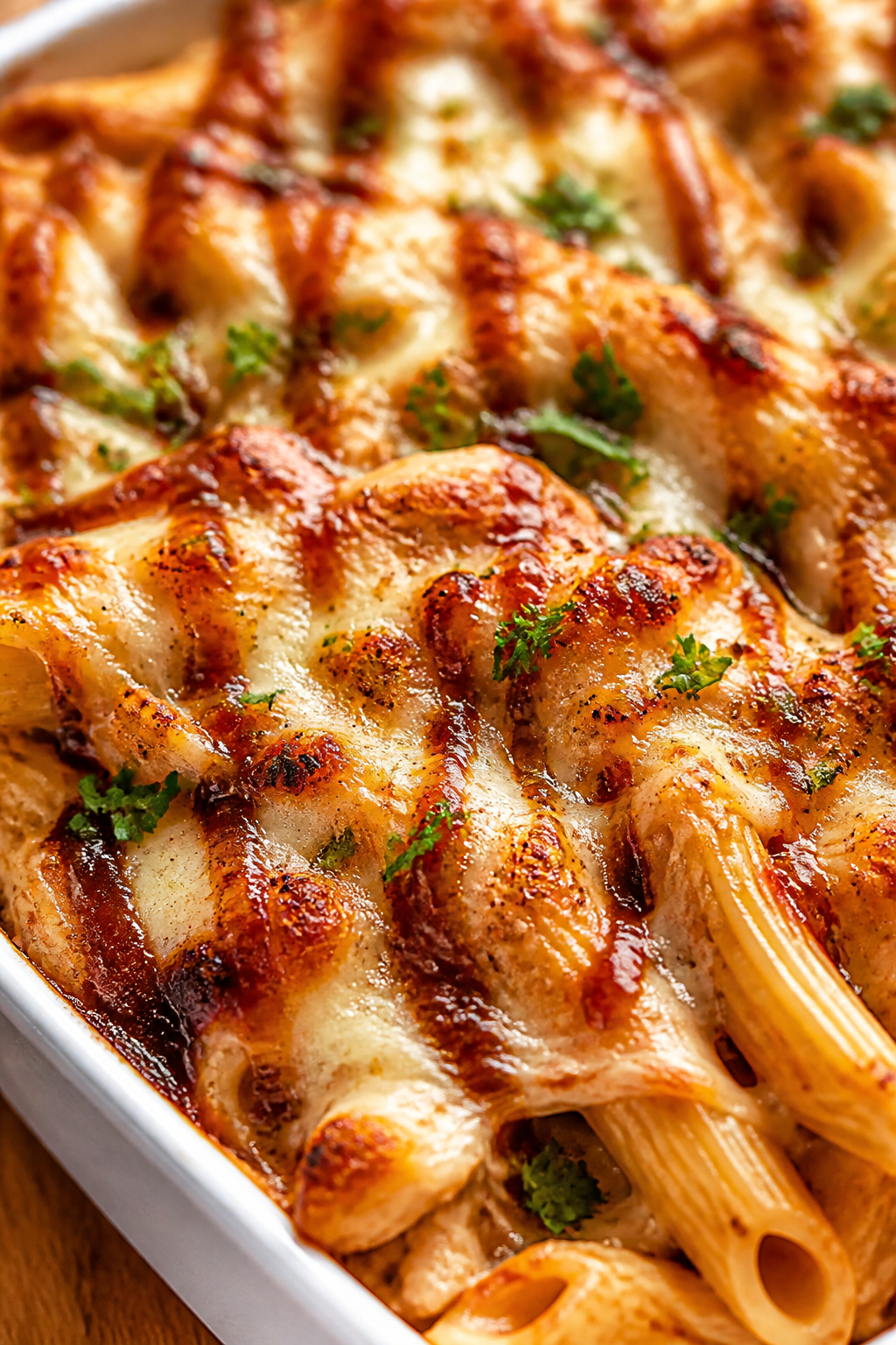 Close-up detail: A bubbling BBQ Chicken Alfredo pasta bake just out of the oven, tight macro on cara