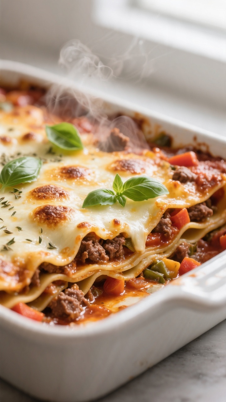 Close-up detail: A bubbling corner of healthy beef lasagna just out of the oven, cheese lightly gold