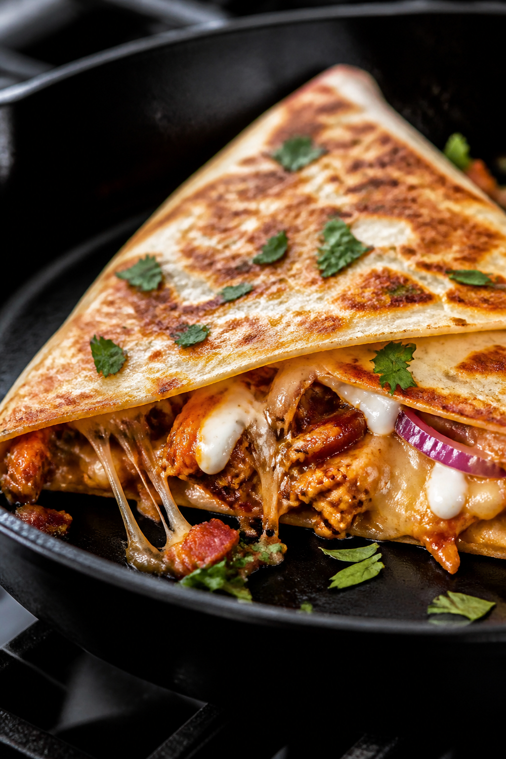 Close-up detail: A folded BBQ chicken bacon ranch quesadilla sizzling in a cast-iron skillet mid-coo