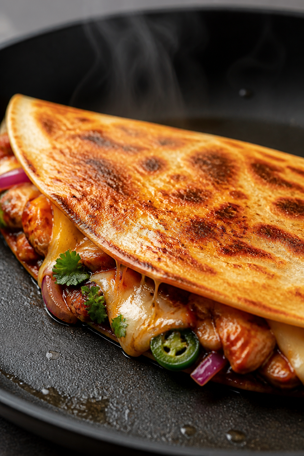 Close-up detail: A folded BBQ chicken quesadilla in a nonstick skillet mid-cook, bottom tortilla gol