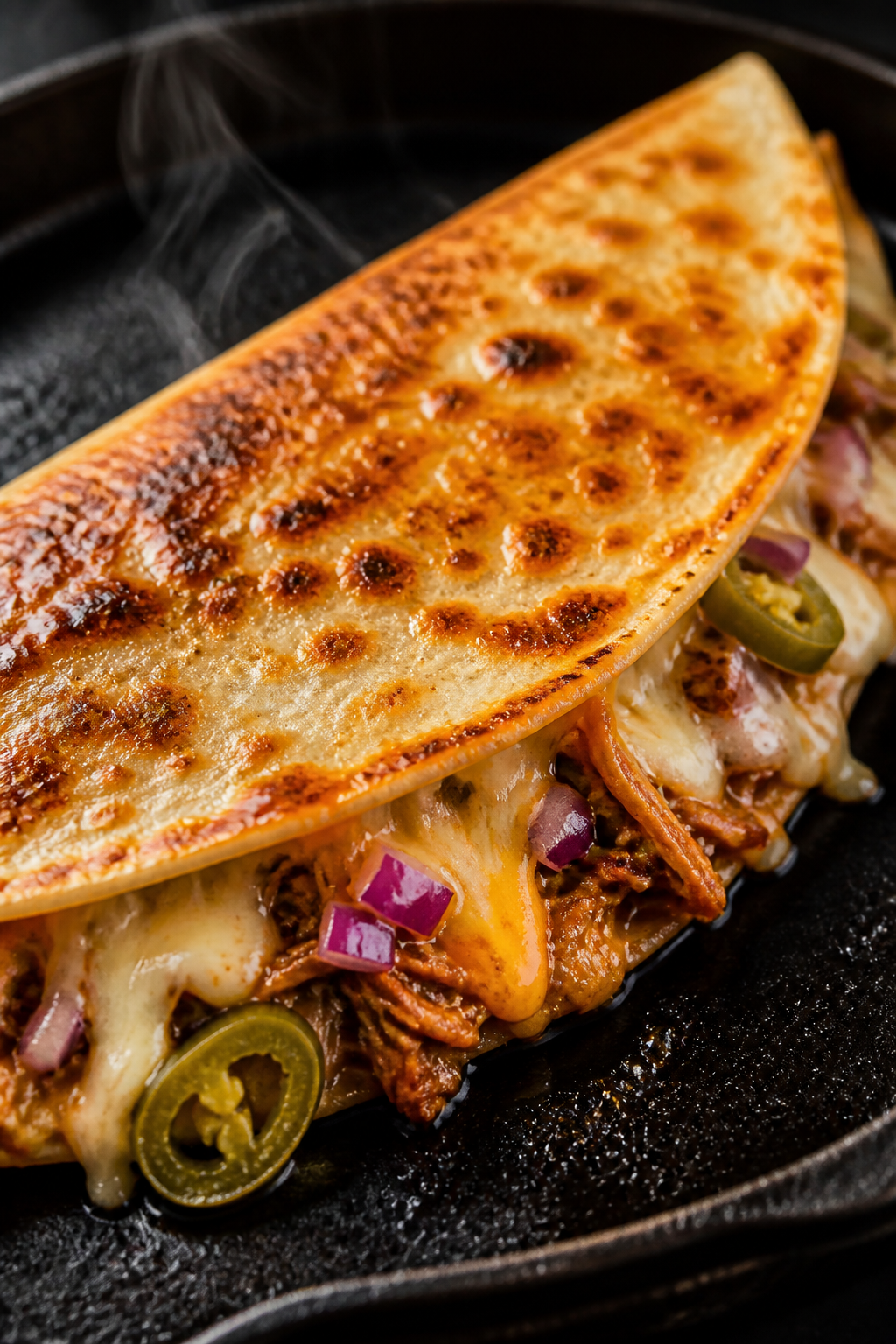 Close-up detail: A folded BBQ pulled pork quesadilla sizzling in a cast-iron skillet, mid-cook, tort
