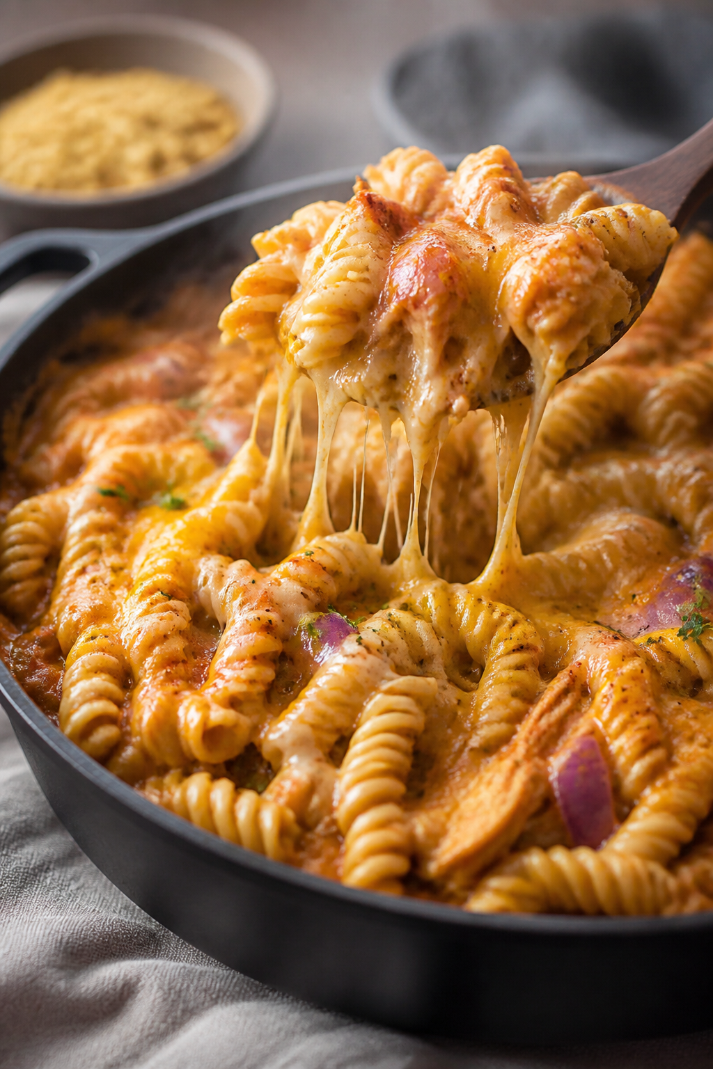 Close-up detail: A glossy skillet shot of creamy BBQ chicken pasta being tossed with rotini—sauce 