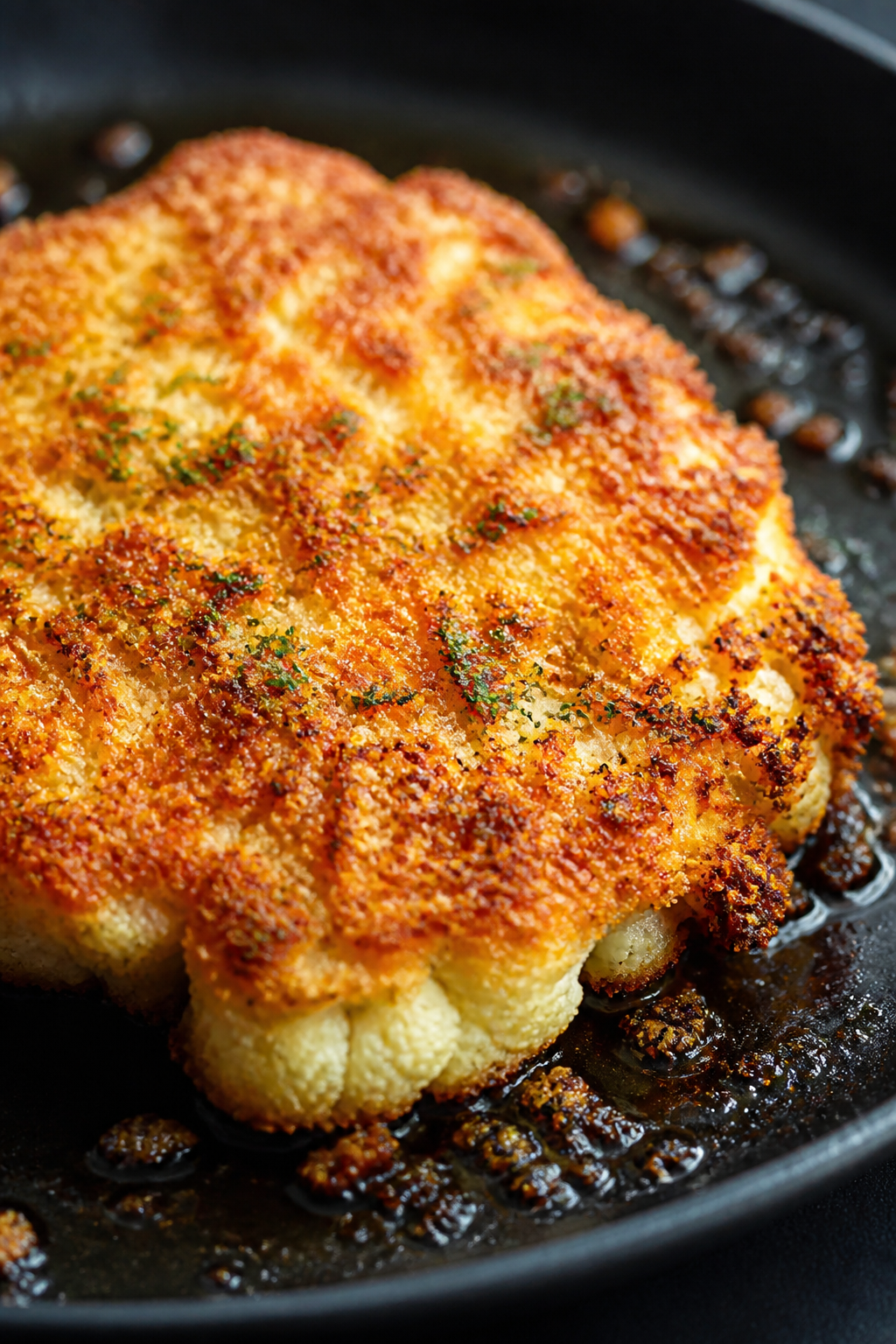 Close-up detail: A golden-brown Parmesan-crusted cauliflower cutlet sizzling in a heavy skillet duri