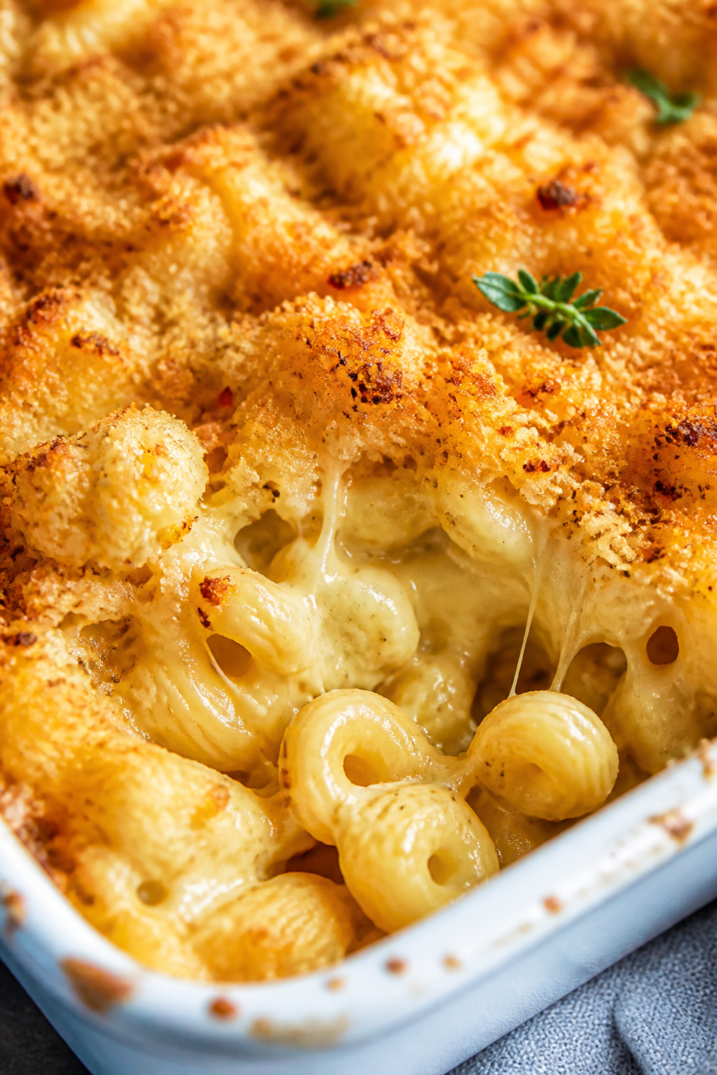 Close-up detail: A golden, bubbling cauliflower mac and cheese just out of the oven, capturing the c