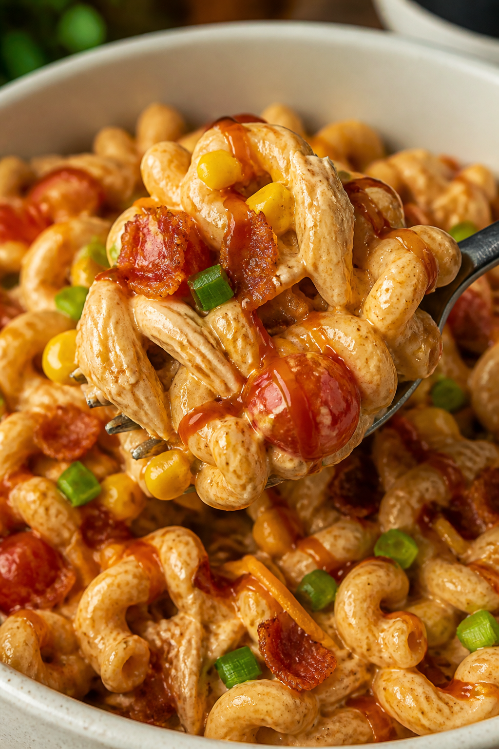 Close-up detail: A heaping spoonful of chilled BBQ ranch bacon chicken pasta salad lifted from a bow