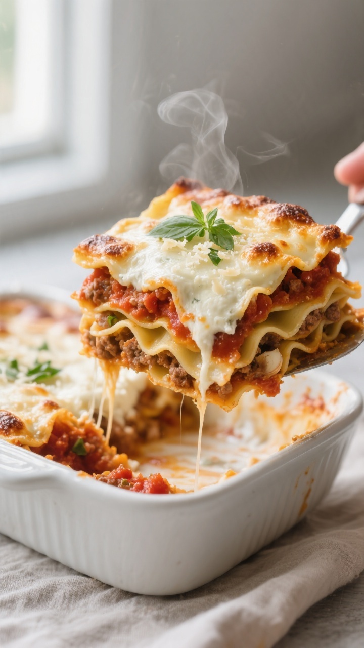 Close-up detail: A just-baked slice of high-protein cottage cheese lasagna being lifted from a 9x13 