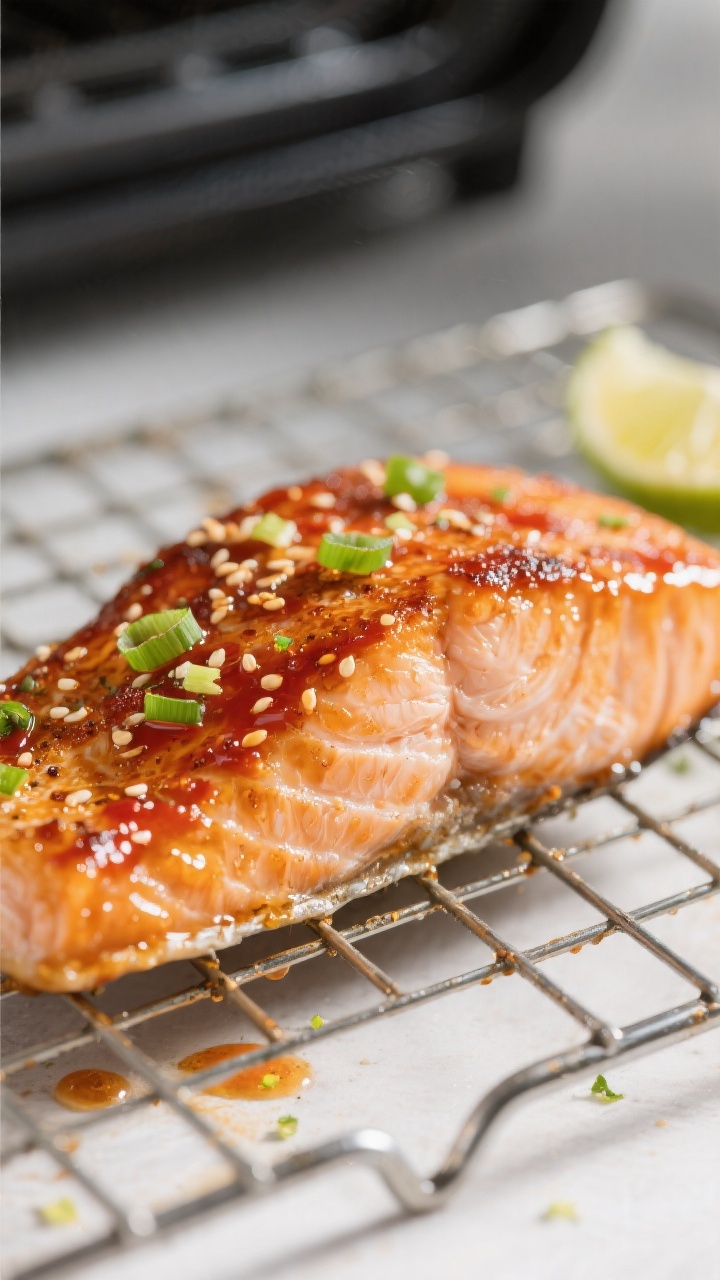 Close-up detail: A just-cooked air fryer honey sriracha salmon fillet resting on a wire rack, skin-s