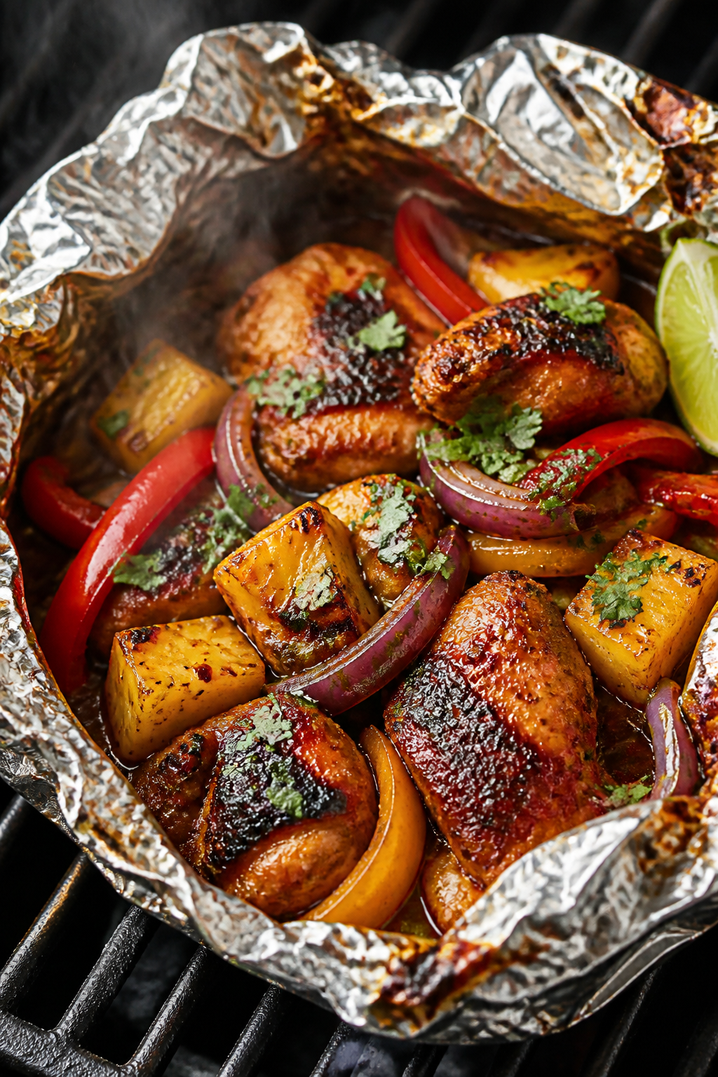Close-up detail: A just-opened BBQ chicken & pineapple foil packet on a grill grate, steam wafting u