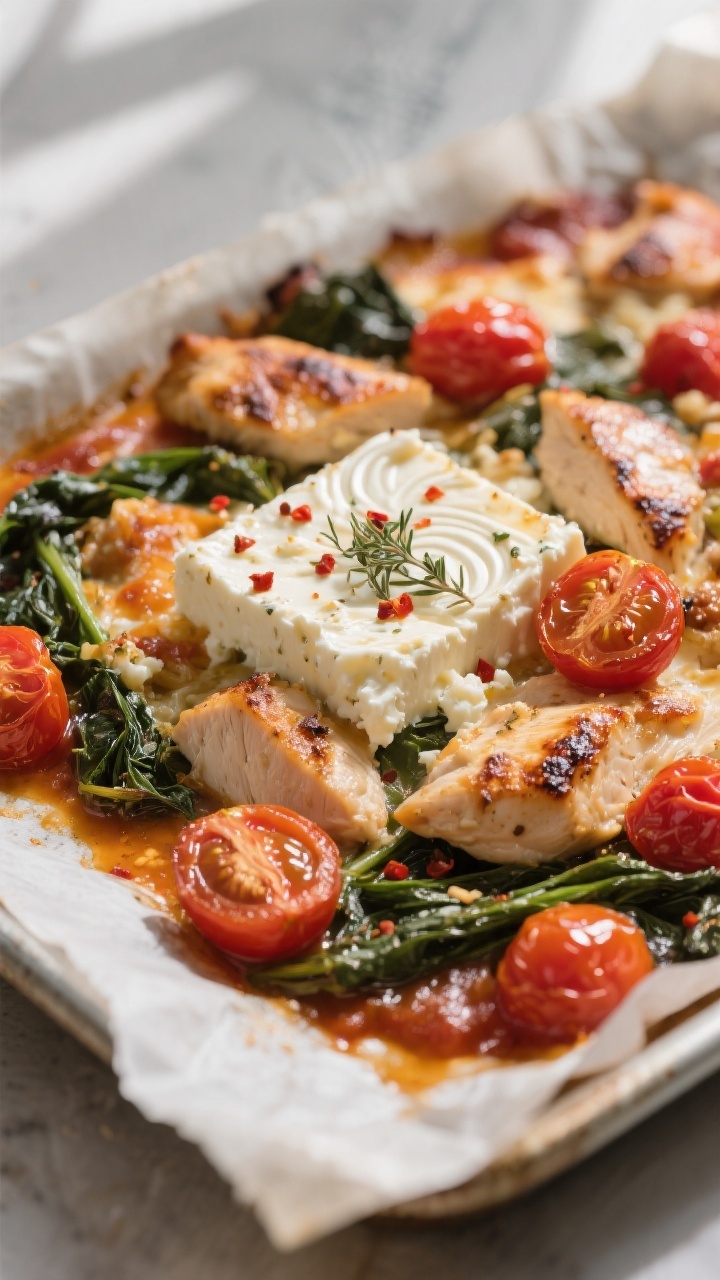 Close-up detail: A just-out-of-the-oven roasted feta and tomato base with chicken pieces, the feta b