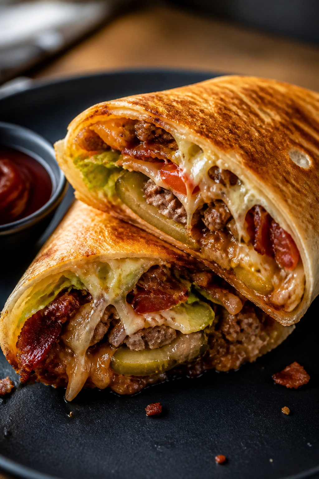 Close-up detail: A just-toasted BBQ Bacon Cheeseburger Wrap sliced on the bias, cheese visibly melte